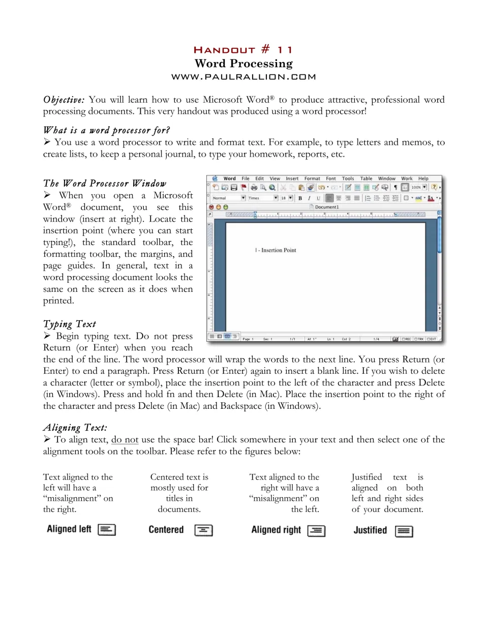 Handout 11 introduces word processing, the Microsoft Word window, typing text, and four text alignments