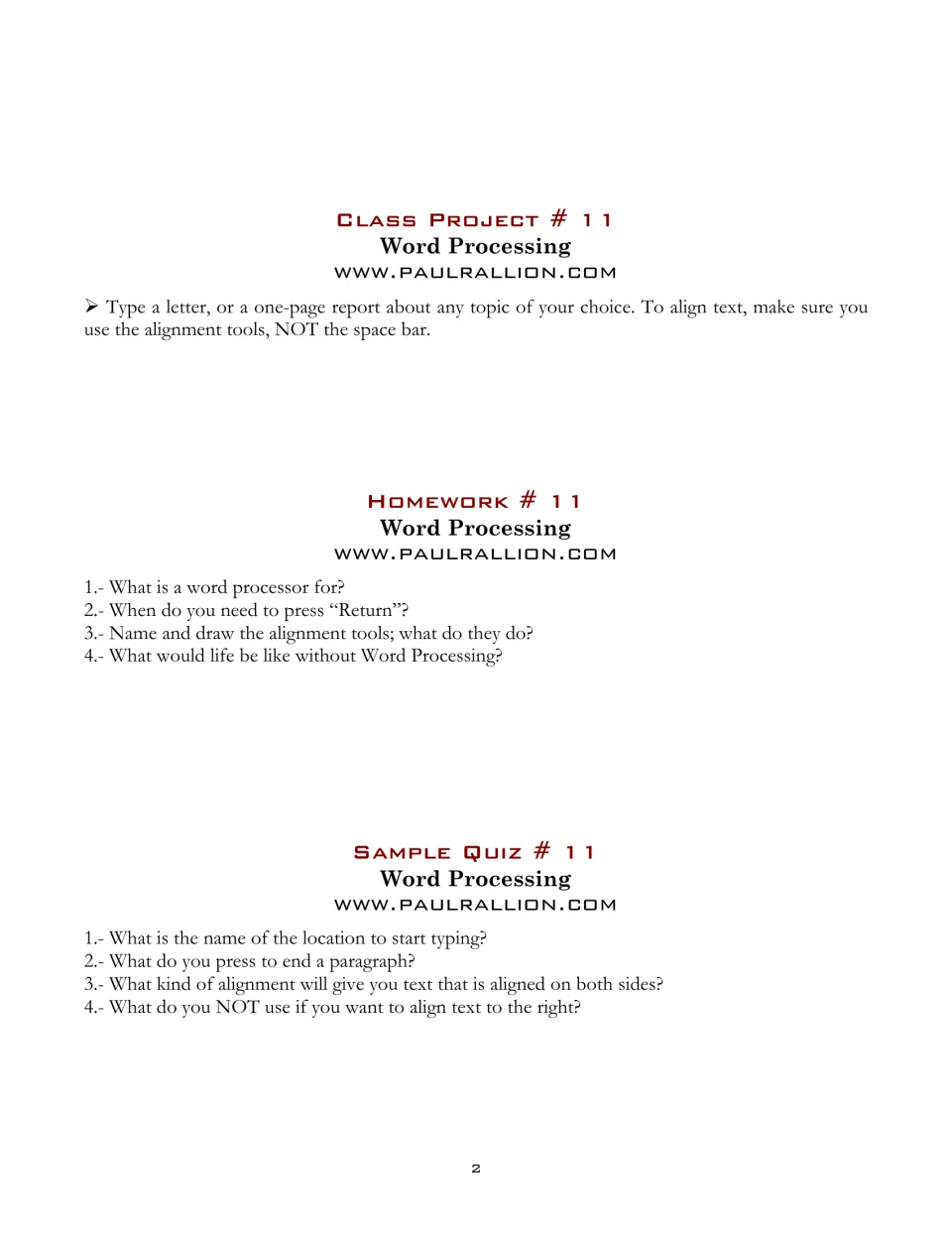 Section 11 practice includes a letter or report project, four homework questions, and a four-question quiz