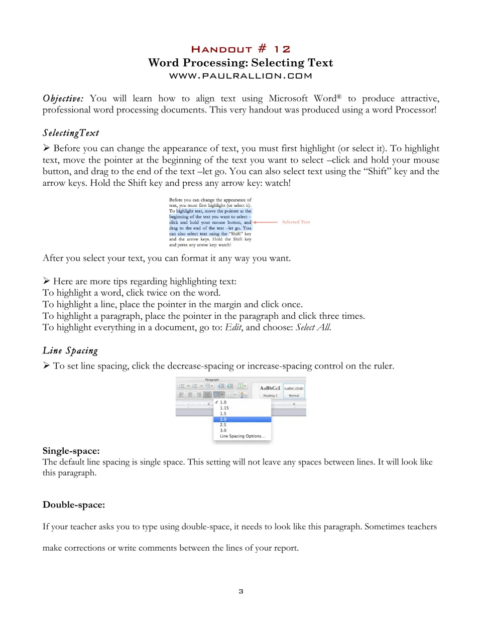 Handout 12 explains selecting words, lines, paragraphs, and all text, plus single and double line spacing
