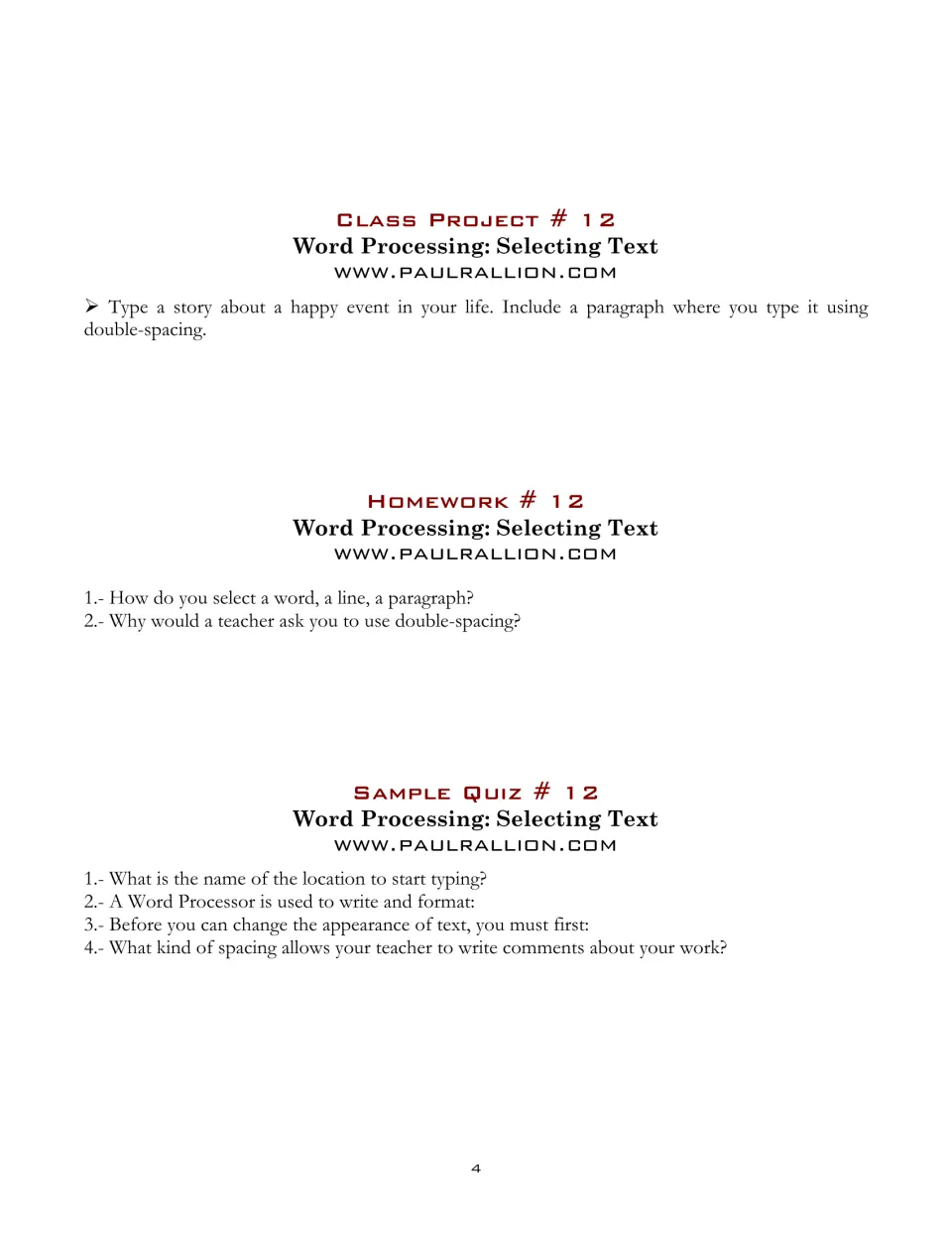 Section 12 practice assigns a happy-event story with double-spacing, two homework questions, and a quiz