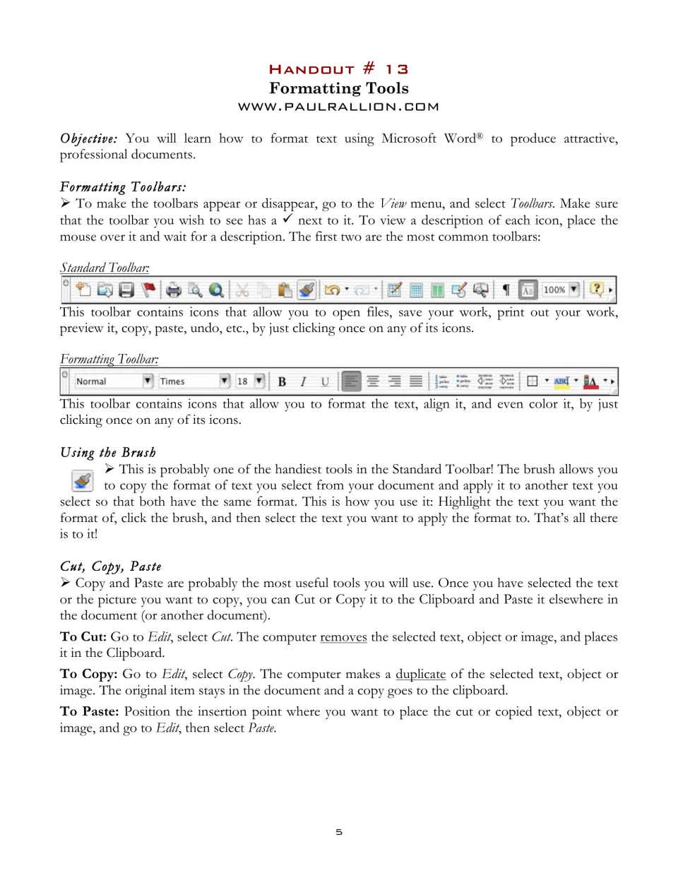 Handout 13 explains standard and formatting toolbars, the brush for copying formats, and cut, copy, paste