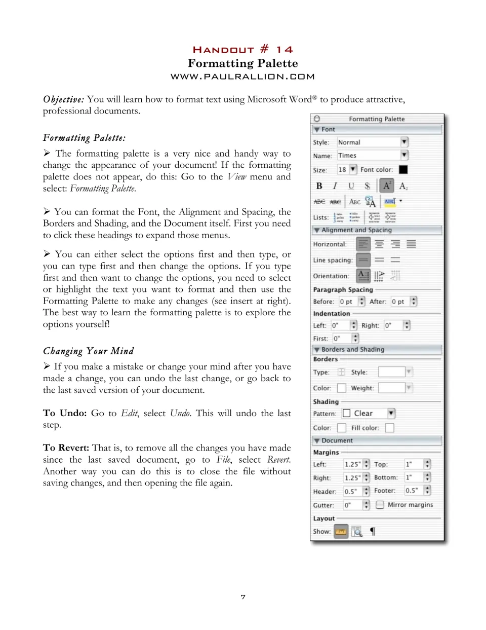 Handout 14 explains the formatting palette for fonts, spacing, borders, and document settings, plus Undo and Revert