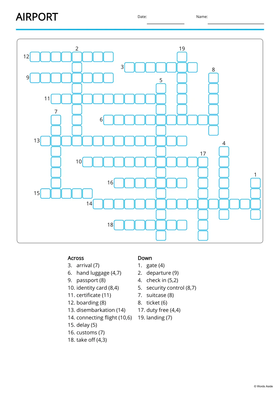 Airport crossword: students complete the puzzle from Across and Down word lists like arrival, boarding, gate and duty free