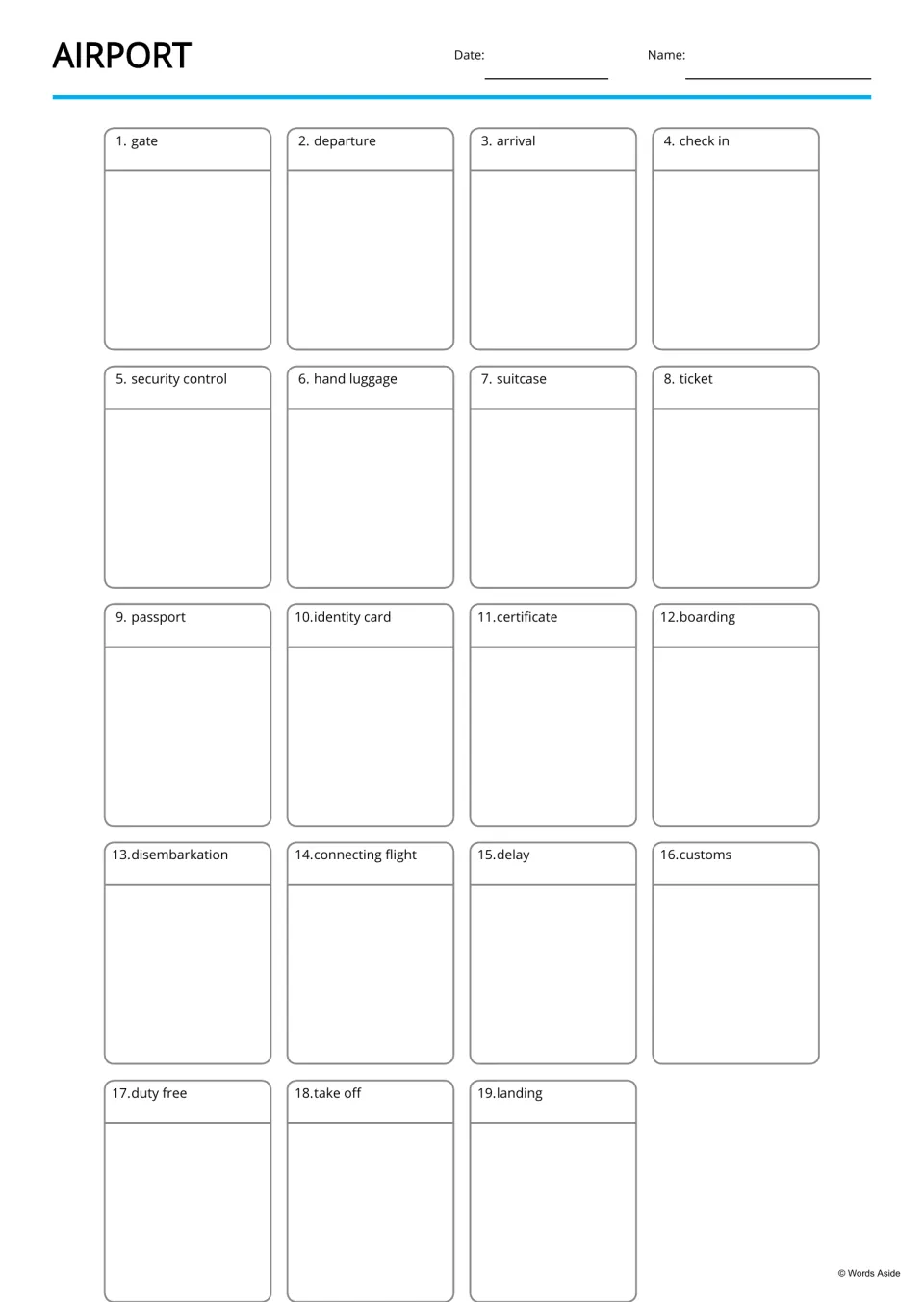 Airport picture-word page: 19 labeled terms from gate to landing, each above a blank space for a matching picture