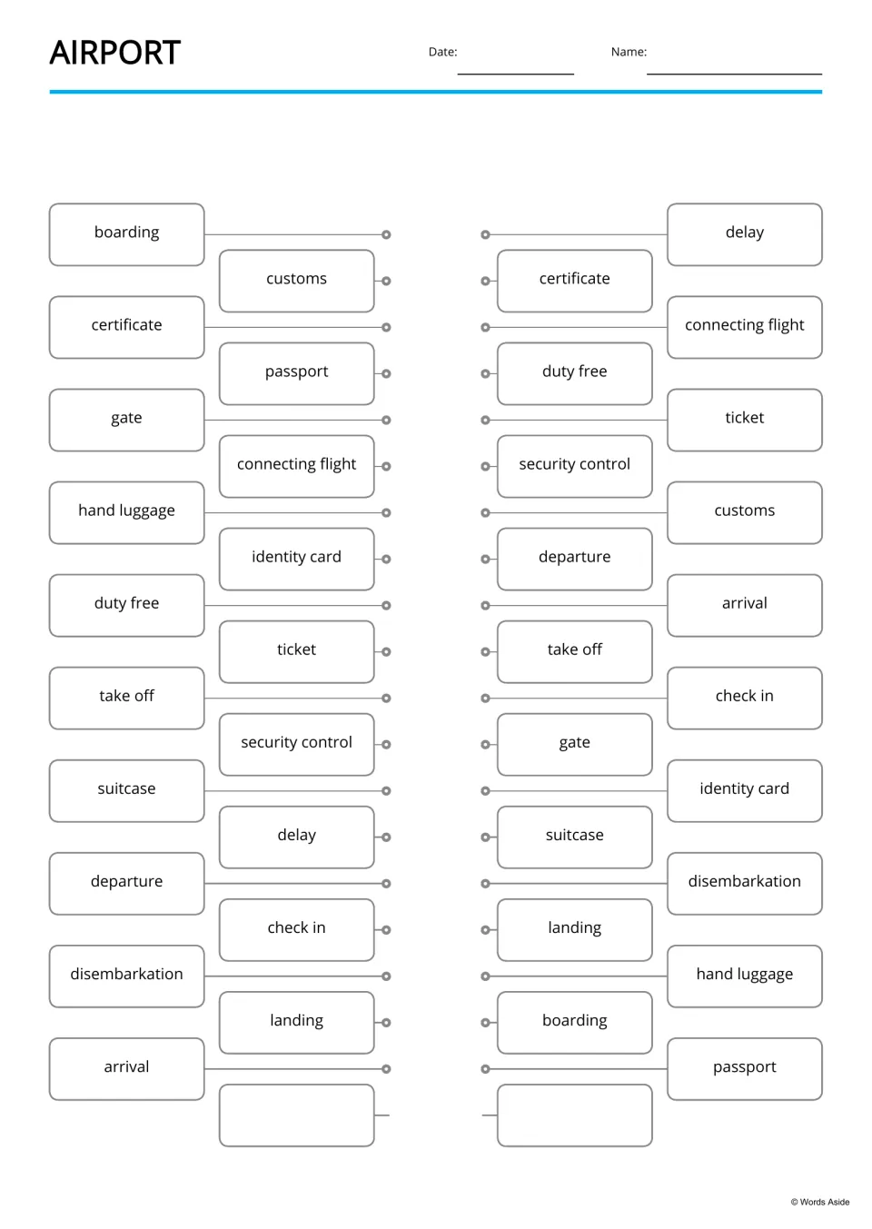Airport word matching: students draw lines to connect identical terms like boarding, customs and delay across two lists