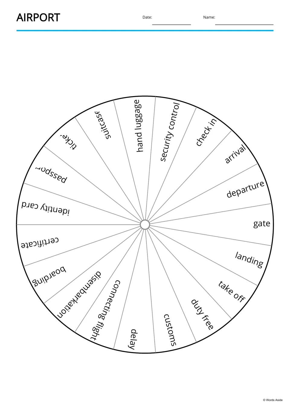 Airport word wheel: a circle split into 19 segments, each naming a term such as suitcase, check in, take off or delay