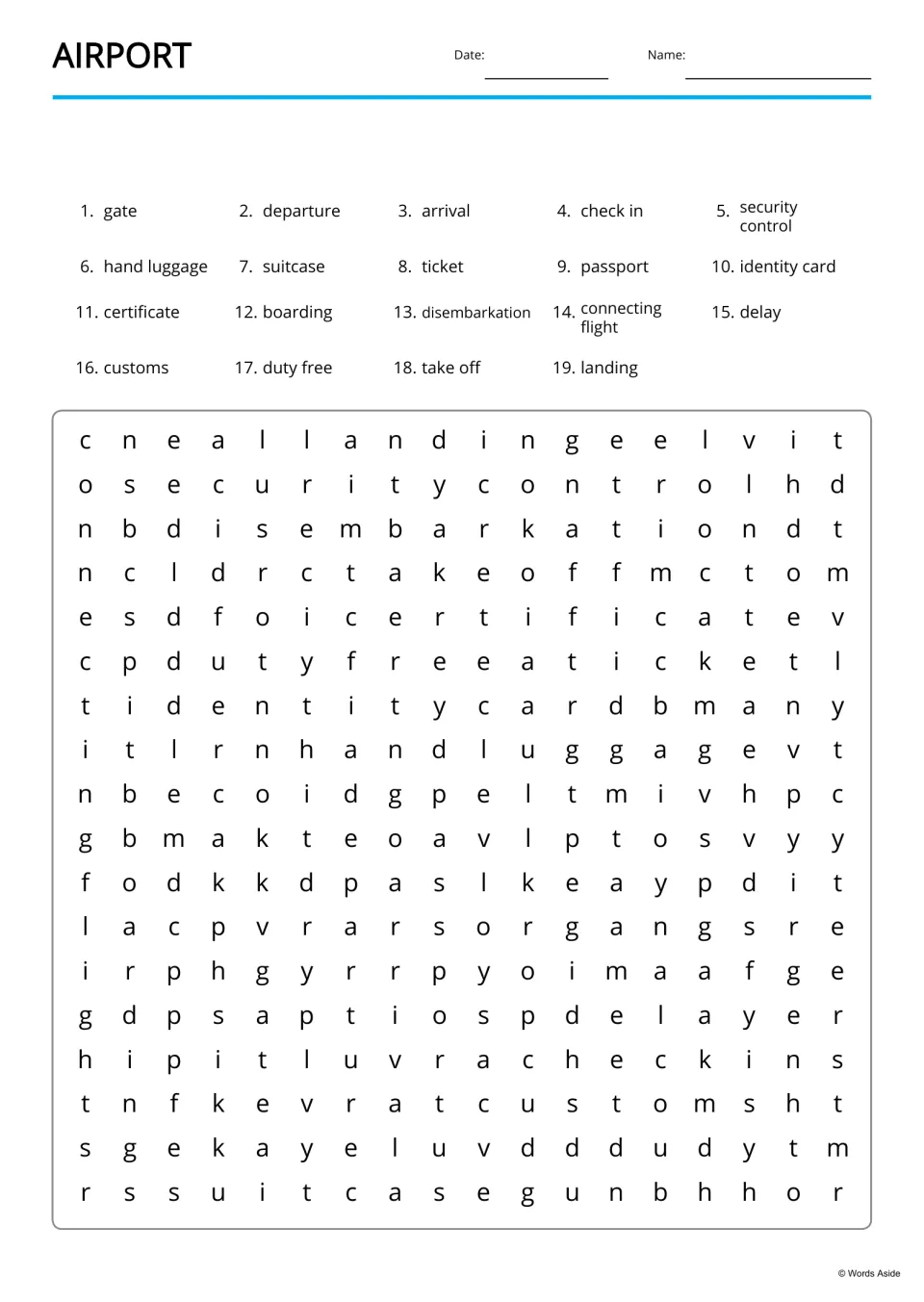 Airport word search: students find 19 listed words, including security control and connecting flight, among jumbled letters