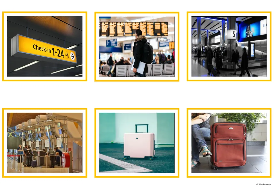 Airport photo cards: a check-in sign, departure boards, a terminal hall, check-in desks and two suitcases on wheels
