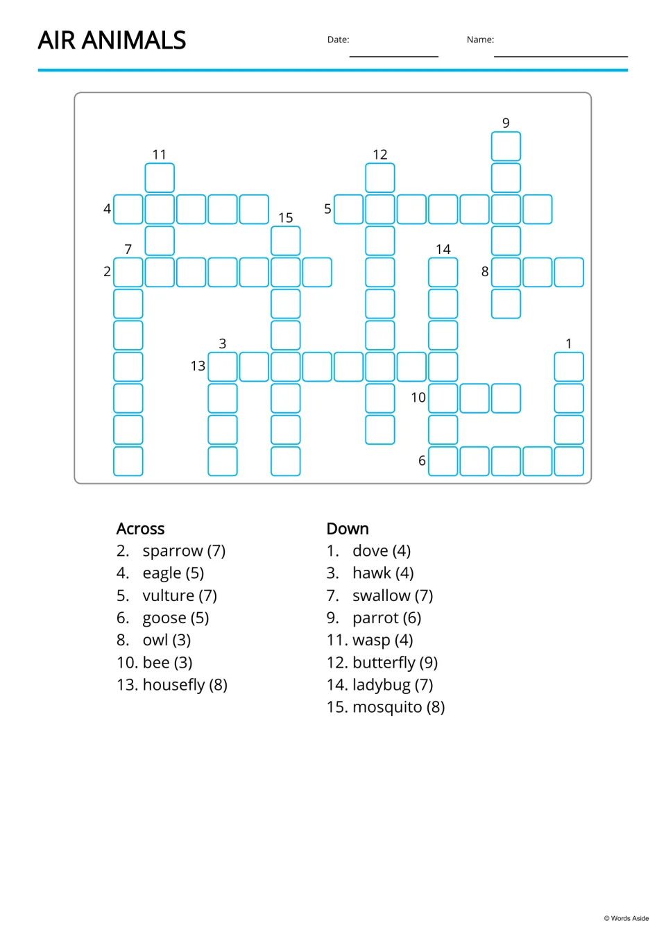 Air animals crossword: students fit 15 words like sparrow, eagle and butterfly into the puzzle from Across and Down lists
