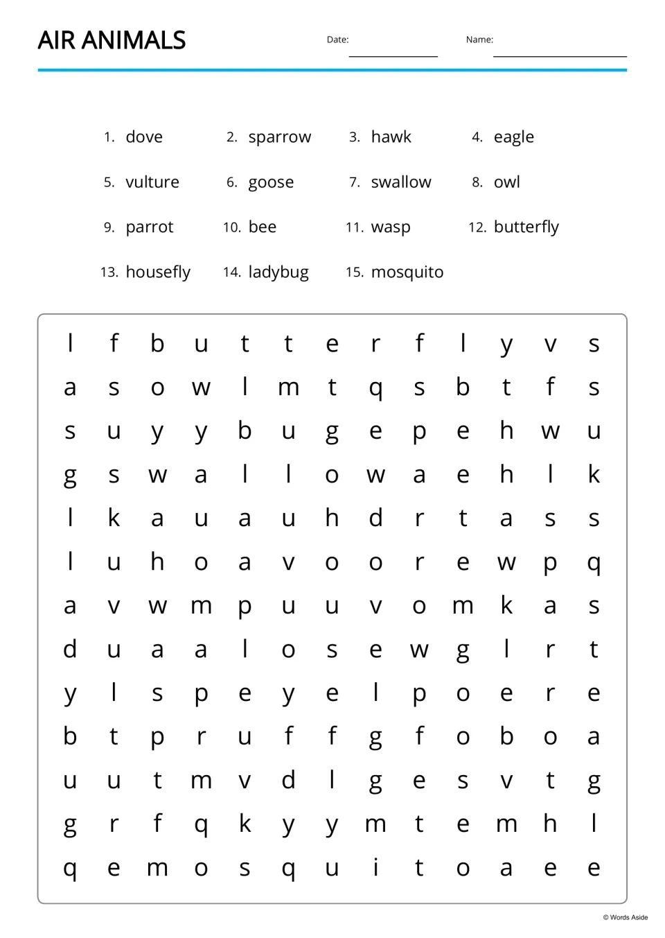 Air animals word search: students find 15 listed words, from dove to mosquito, hidden in the letter puzzle