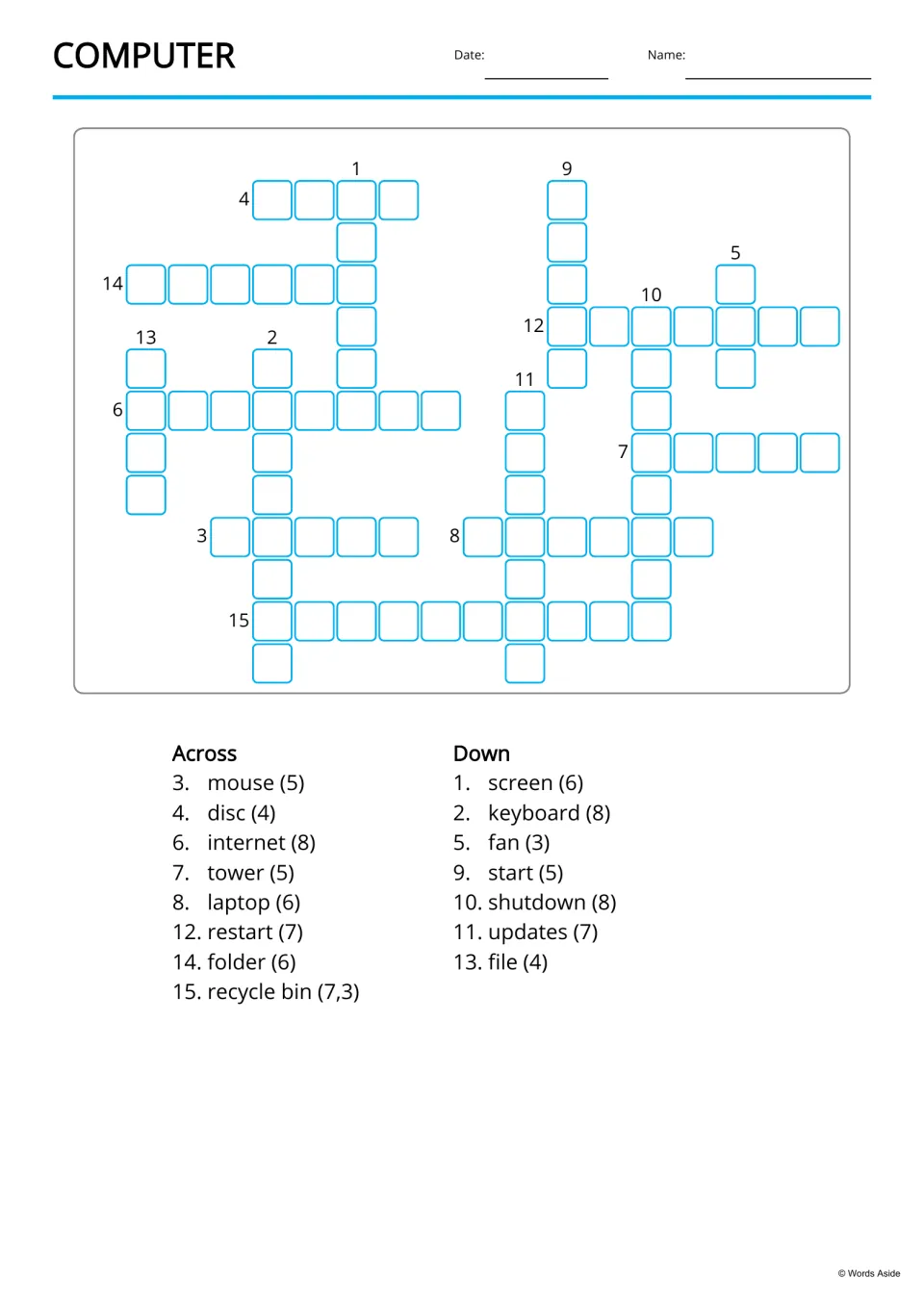 Computer crossword: students copy listed words like mouse, keyboard and recycle bin into Across and Down slots