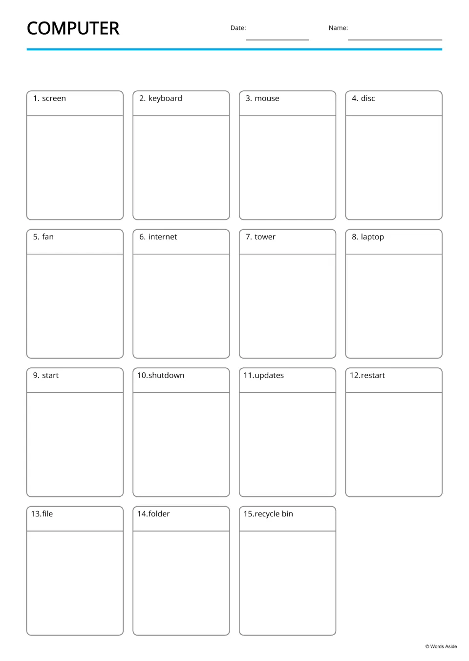 Computer vocabulary drawing page: students sketch a picture for each of 15 labeled words, screen to recycle bin