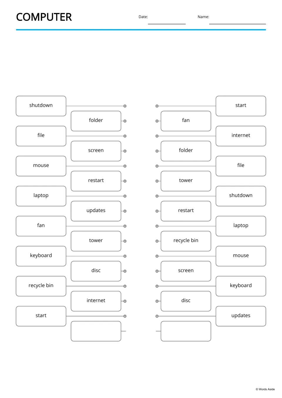 Computer word matching: students draw lines to join identical words such as shutdown, folder and file across two lists