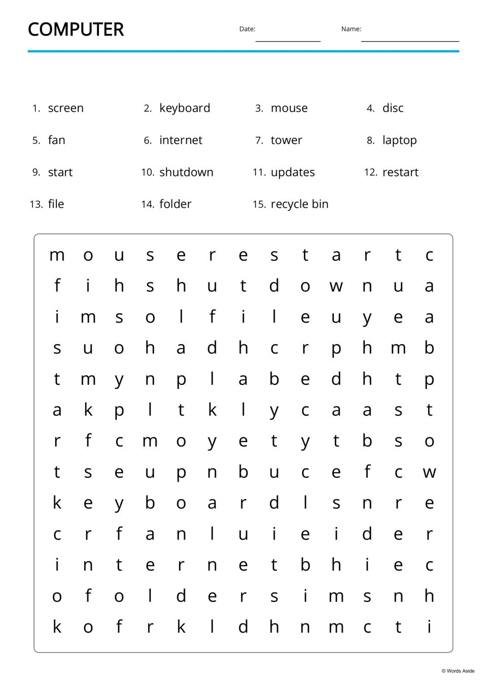 Computer word search: students find 15 listed terms like internet, shutdown and updates hidden in a letter puzzle