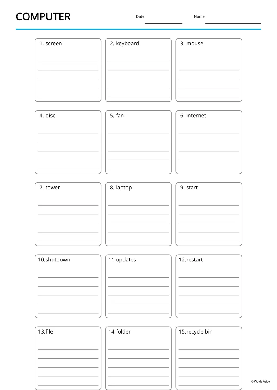 Computer writing page: students write a sentence or definition for each of 15 terms, from screen to recycle bin