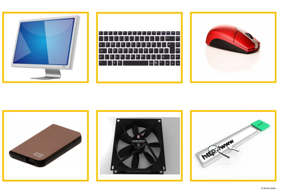 Computer picture cards: photos of a monitor, keyboard, red mouse, external hard drive, cooling fan and web address bar