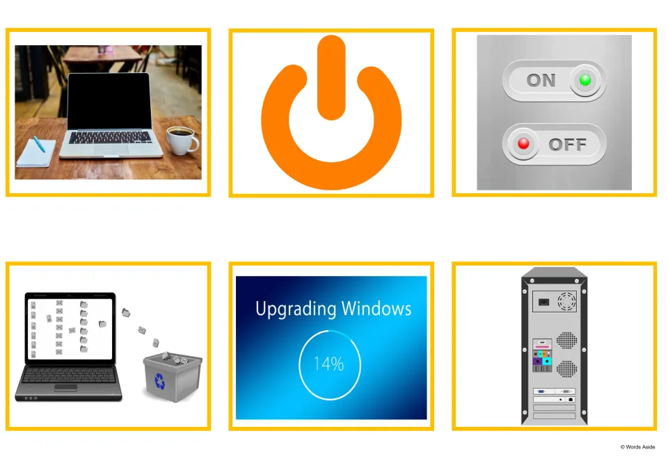 More computer picture cards: laptop, orange power symbol, on/off switch, recycle bin, Upgrading Windows screen and tower