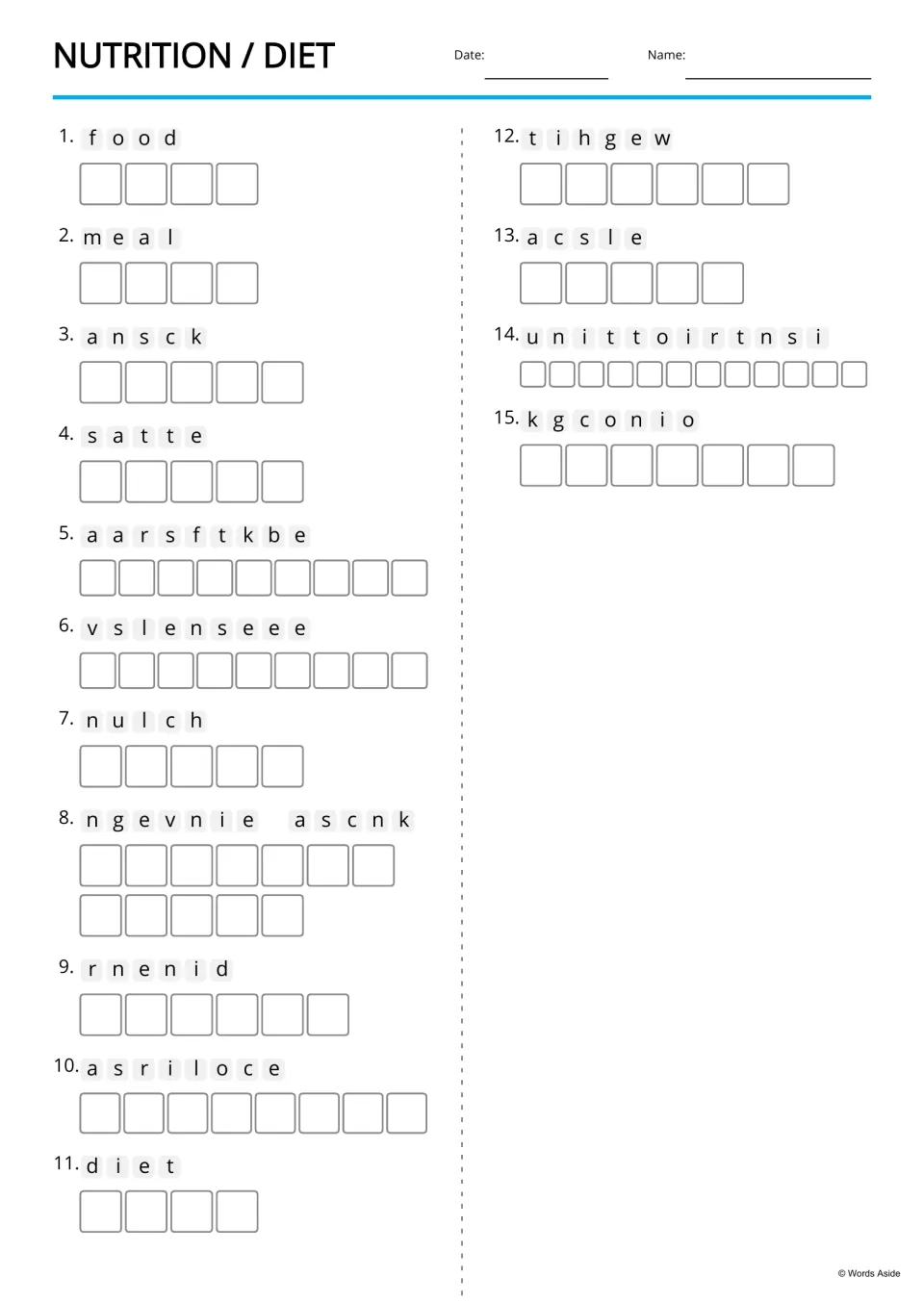 Nutrition and diet anagrams: students unscramble 15 food words such as snack, breakfast, nutritionist and cooking