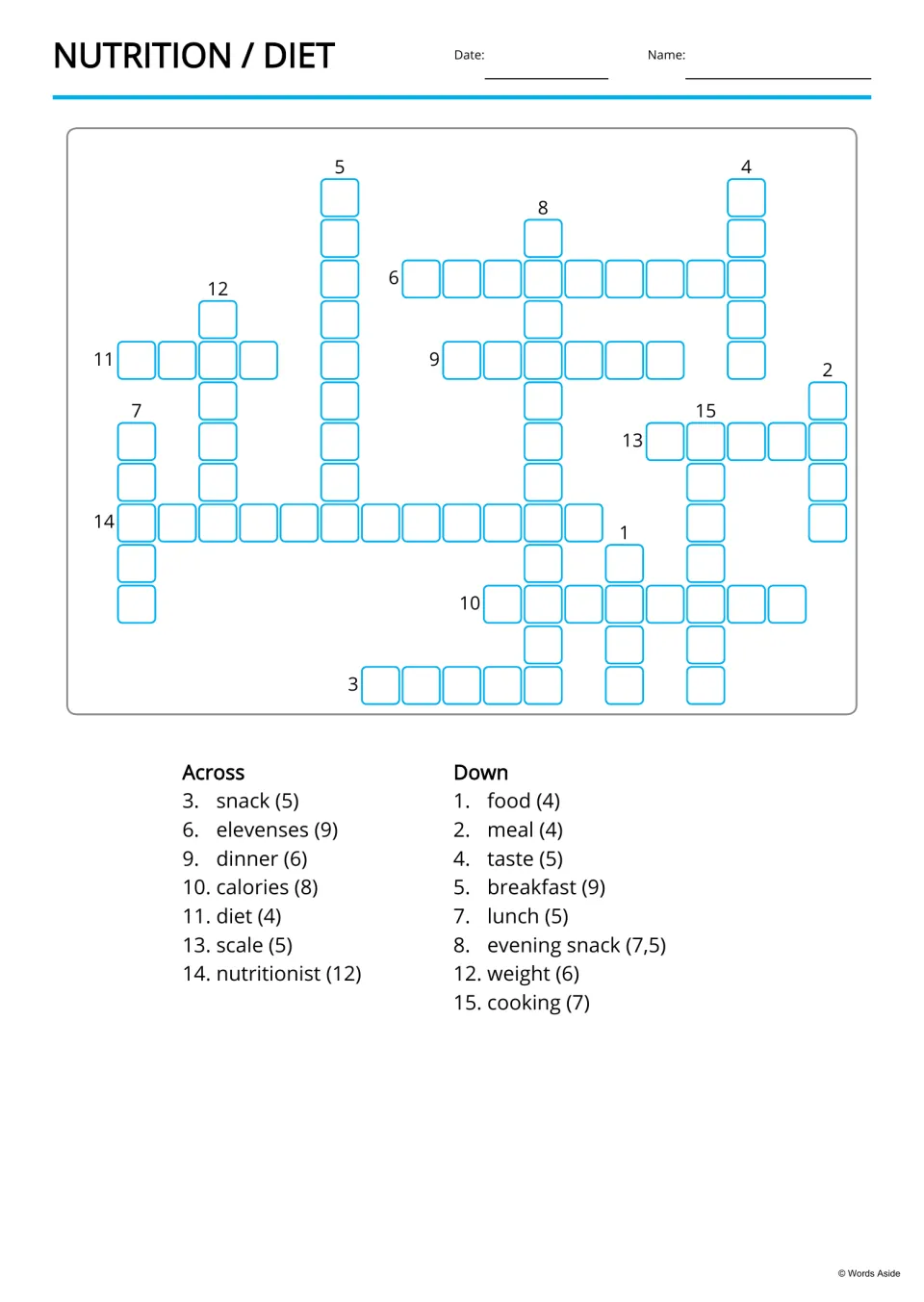 Diet and nutrition crossword: students fill in 15 words from Across and Down clues like snack (5) and calories (8)