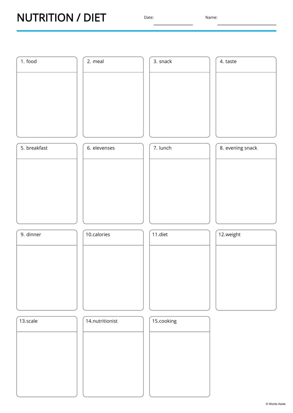 Nutrition vocabulary drawing page: students illustrate each of 15 words, from food and meal to scale and cooking