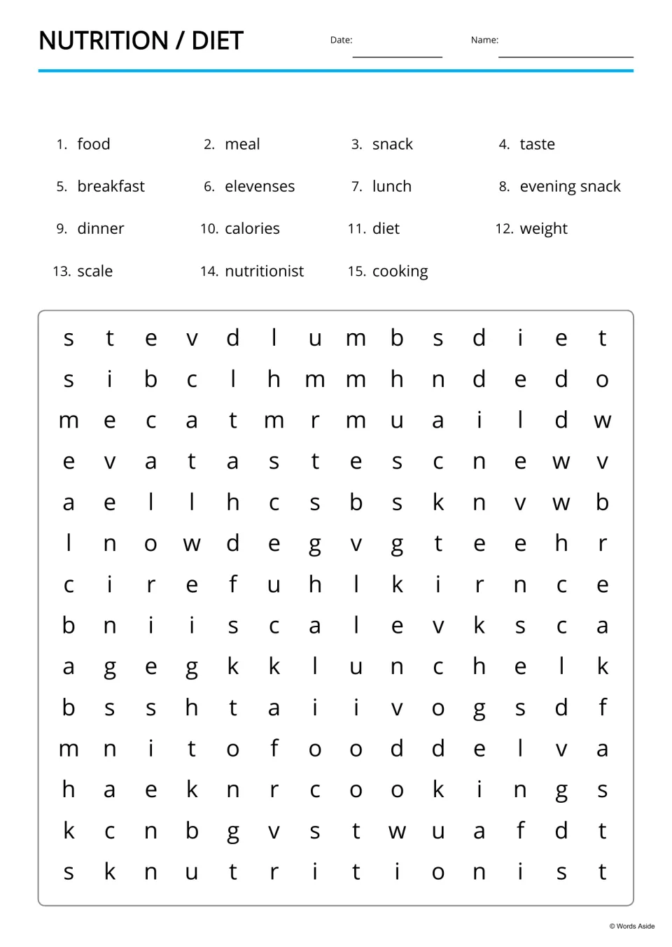 Nutrition word search: students find 15 hidden words, including elevenses and nutritionist, among scrambled letters