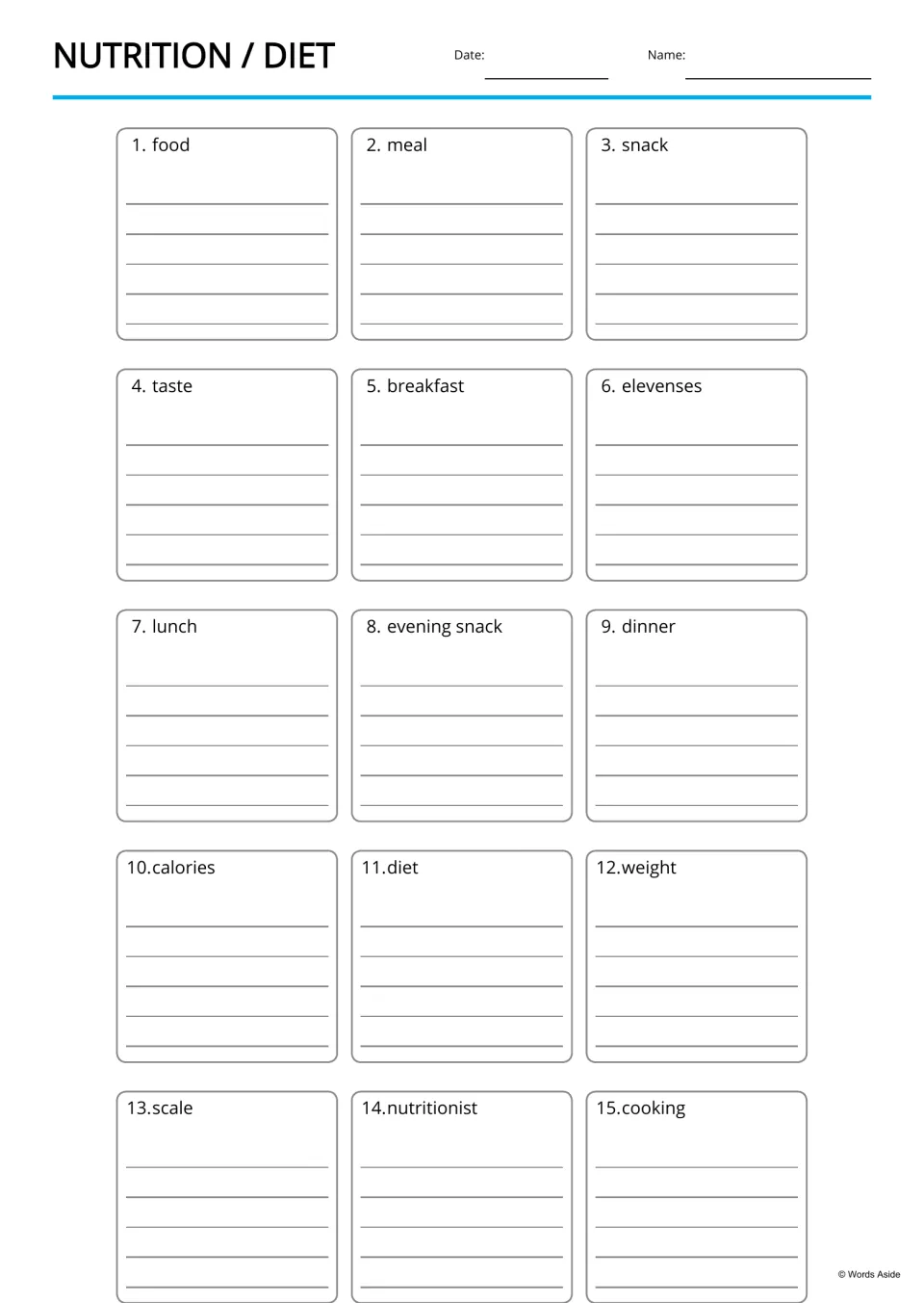 Nutrition vocabulary writing page: students write about each of 15 words, such as dinner, calories and weight