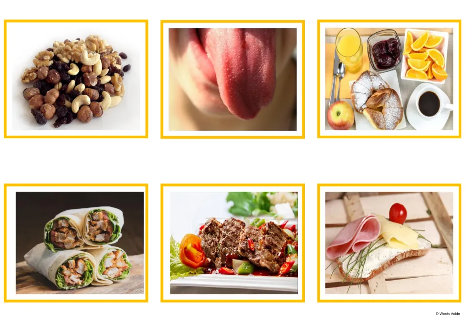 Food photo cards: six pictures showing mixed nuts, a tongue, a breakfast tray, chicken wraps, grilled meat and a sandwich