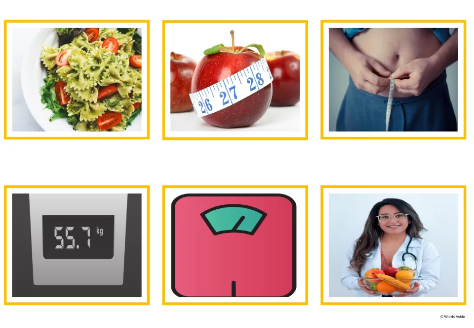 Diet photo cards: pasta salad, an apple with tape measure, a waist being measured, two scales and a woman holding fruit