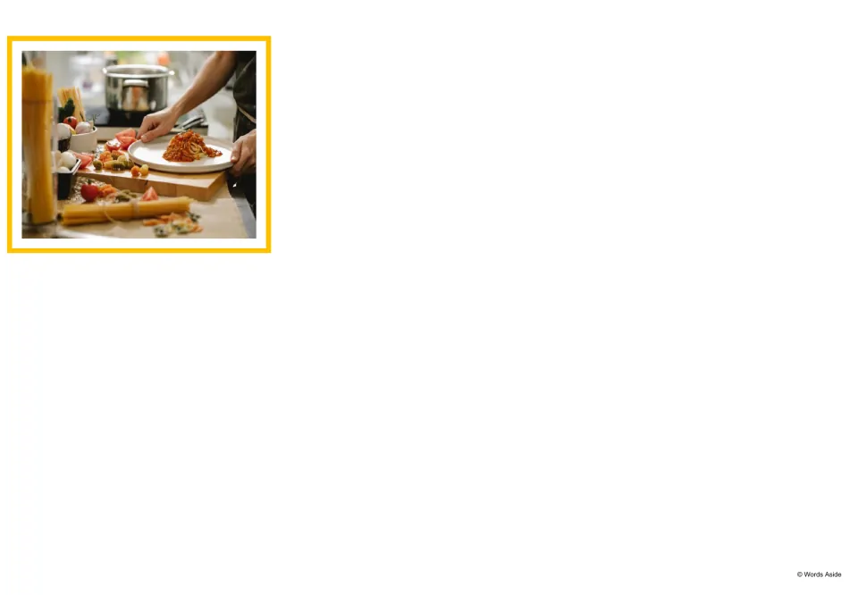 Single photo card of a person plating spaghetti in a kitchen beside pasta, tomatoes and a cooking pot