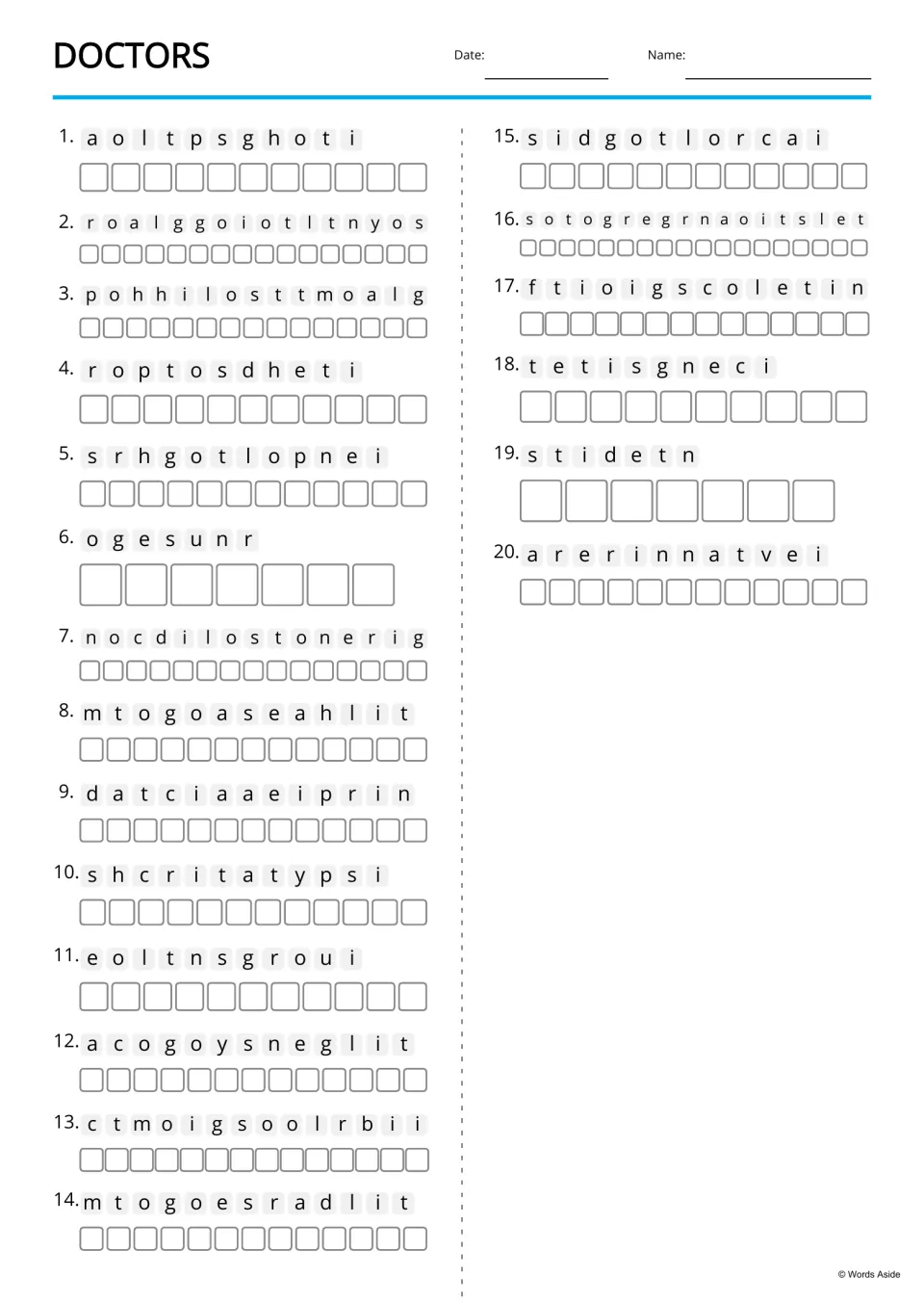 Doctors anagrams: students unscramble 20 jumbled words, such as o g e s u n r, and spell each specialist name