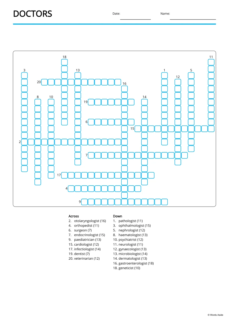 Doctors crossword: students fill in 20 specialist names from Across and Down lists with letter counts, like surgeon (7)