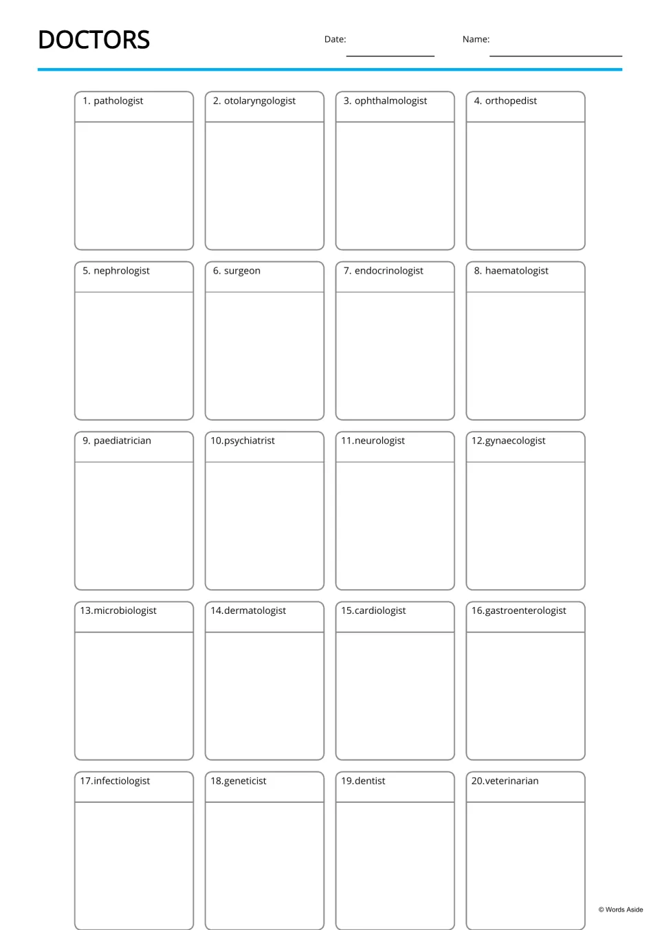 Doctor specialists picture page: students draw or glue an image under each of 20 names, from pathologist to veterinarian