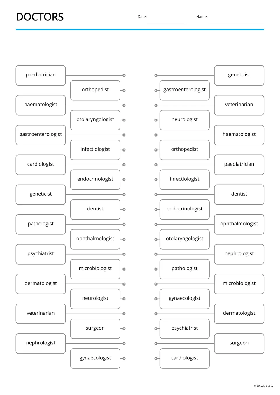 Doctors word matching: students join each specialist name on the left, like paediatrician, to the same name on the right