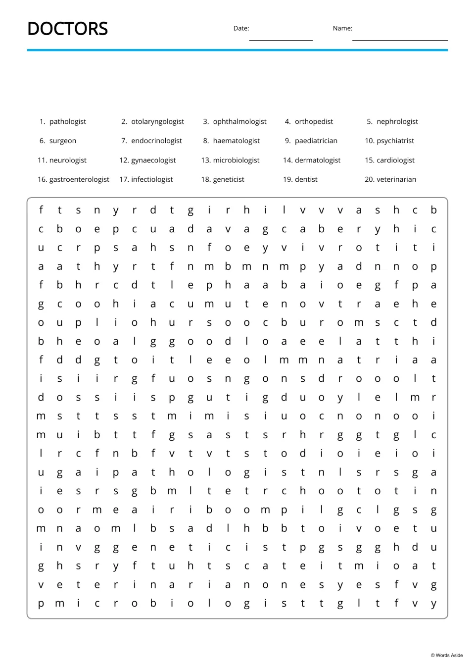 Doctors word search: students find 20 specialist names, such as cardiologist and dentist, hidden among scrambled letters