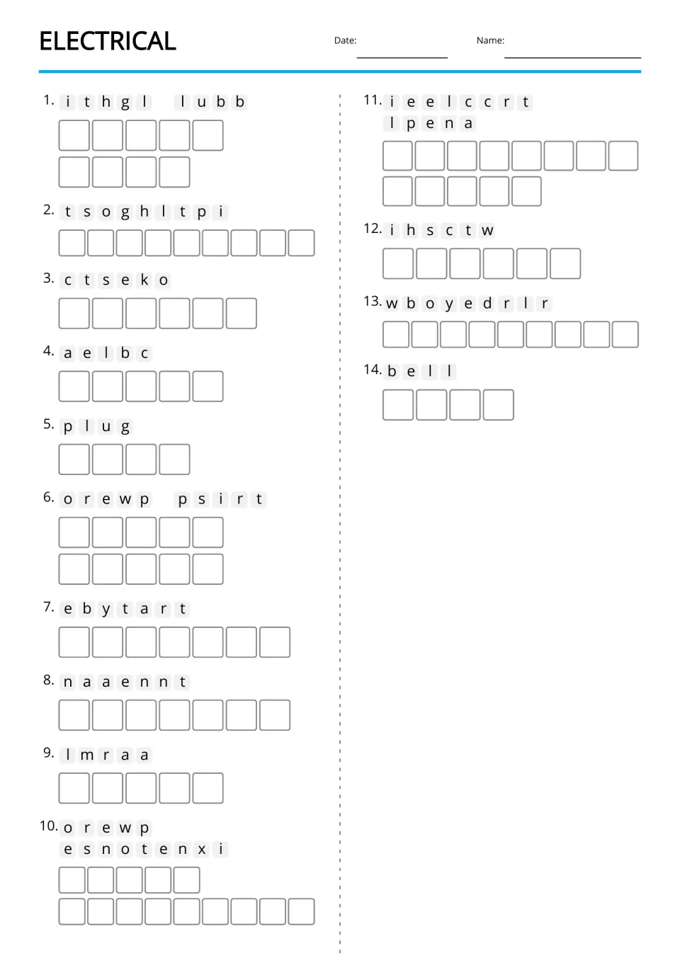 Electrical anagrams: students unscramble 14 jumbled words such as light bulb, socket and battery