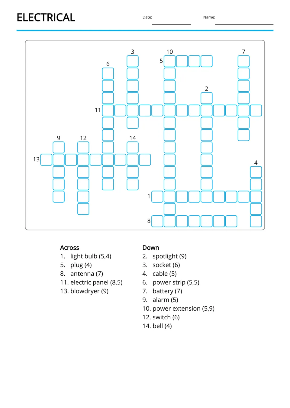 Electrical crossword: students fill in 14 words such as plug, antenna, switch and bell from Across and Down word clues
