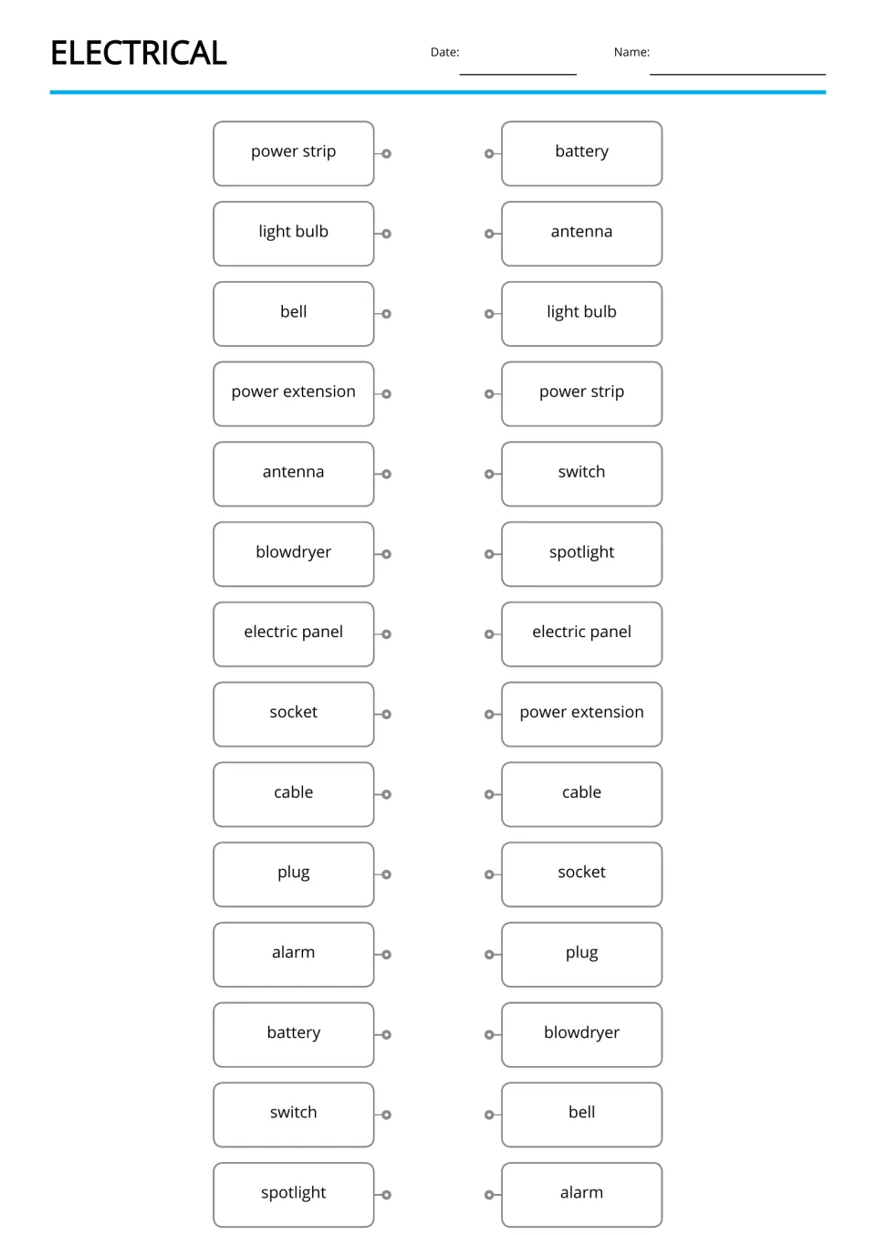 Electrical word matching: students connect each of 14 words such as power strip and antenna to its twin in a mixed list