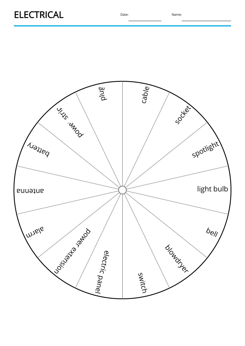 Electrical word wheel: 14 item names around a circle, such as plug, cable, socket, alarm and electric panel