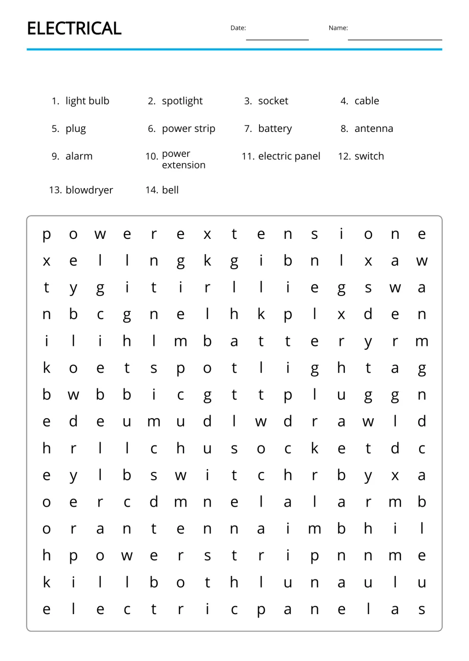 Electrical word search: students find 14 listed words, including power extension, spotlight and electric panel