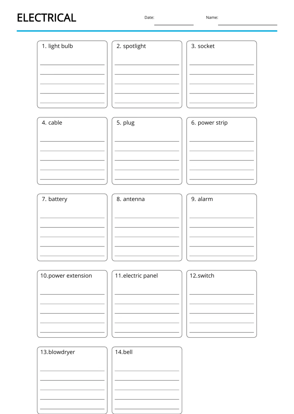 Electrical word copying: students copy each of 14 words, from light bulb and socket to switch and bell, on lines below