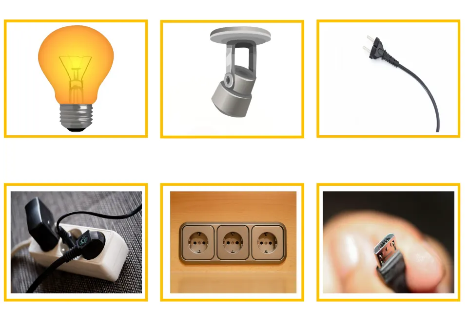 Electrical picture cards: a light bulb, spotlight, plug, power strip, wall sockets and a cable connector