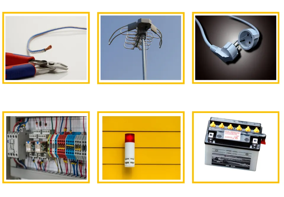 Electrical photo cards: wire and cutters, rooftop antenna, plug and socket, electric panel, alarm light and battery