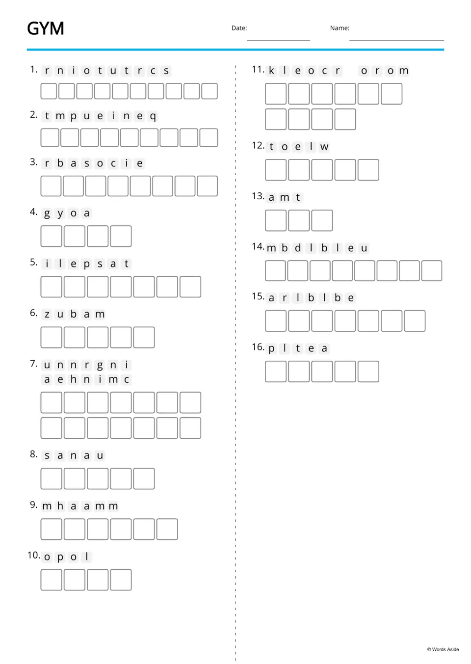 Gym vocabulary anagrams: students unscramble 16 words such as yoga, sauna, dumbbell and locker room into letter spaces