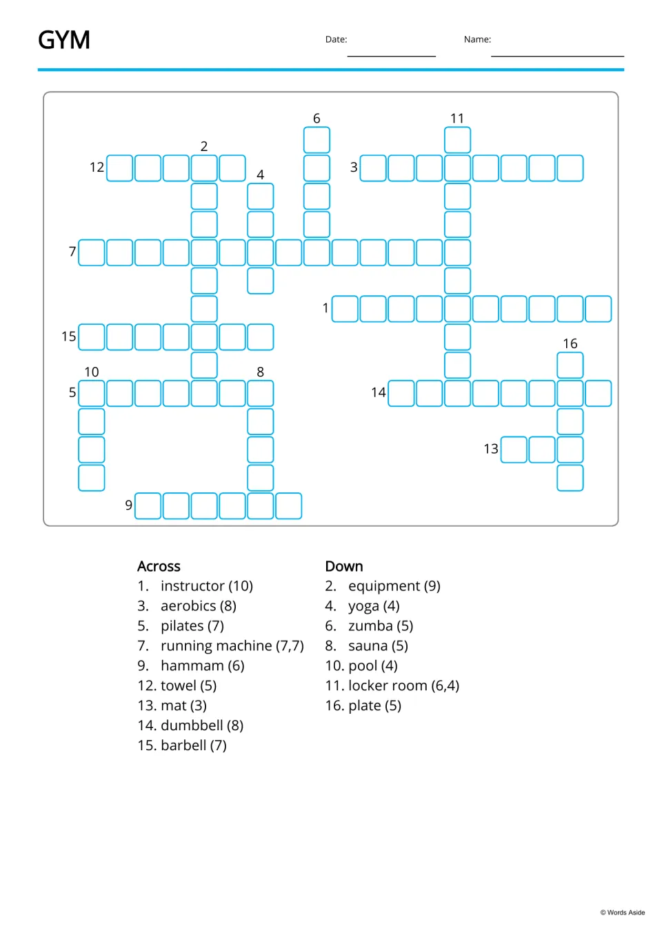 Gym crossword: students fill in 16 words from Across and Down clue lists such as instructor, aerobics, zumba and barbell