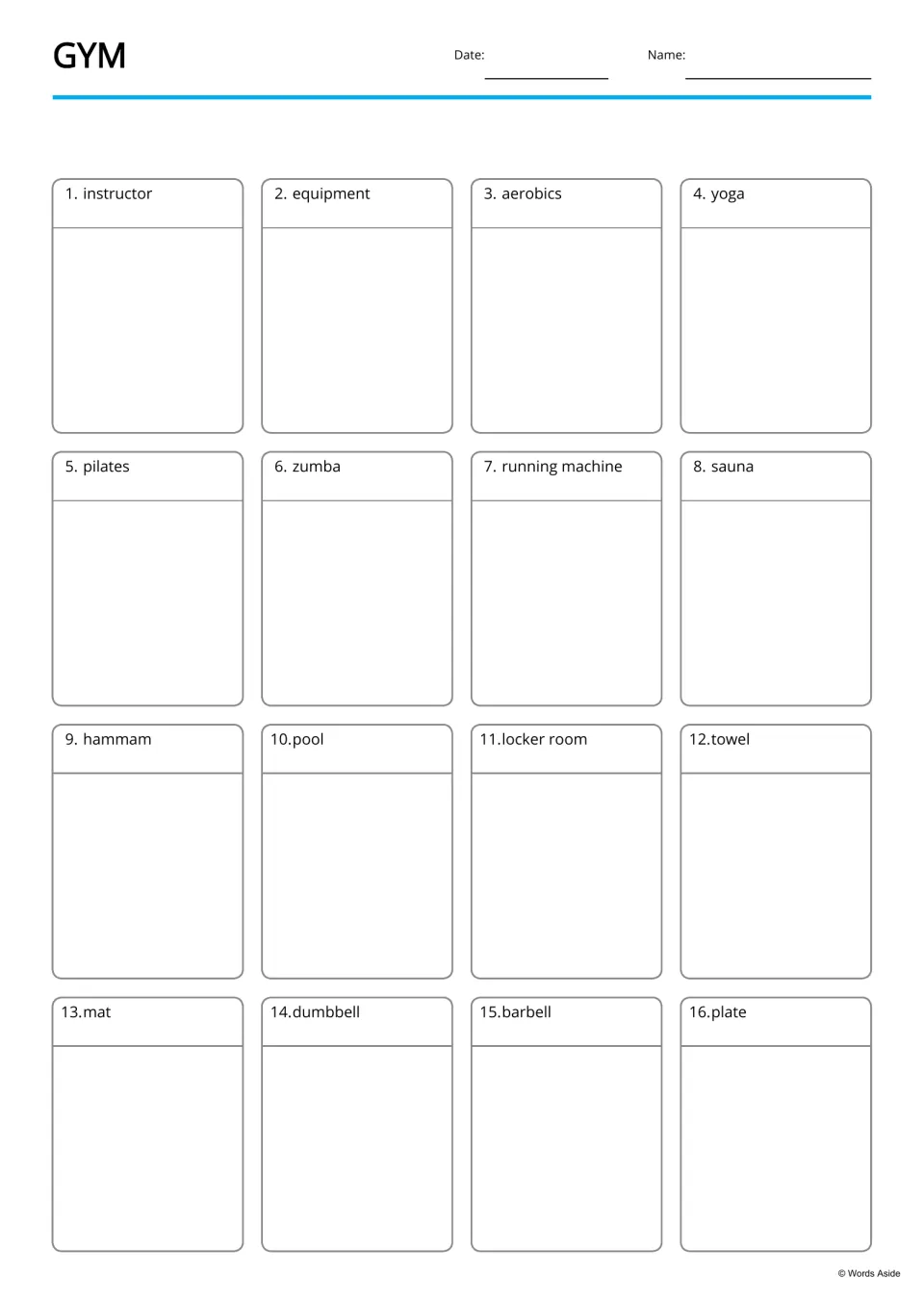 Gym vocabulary picture page: students draw or glue a picture for each of 16 labeled words, from instructor to plate