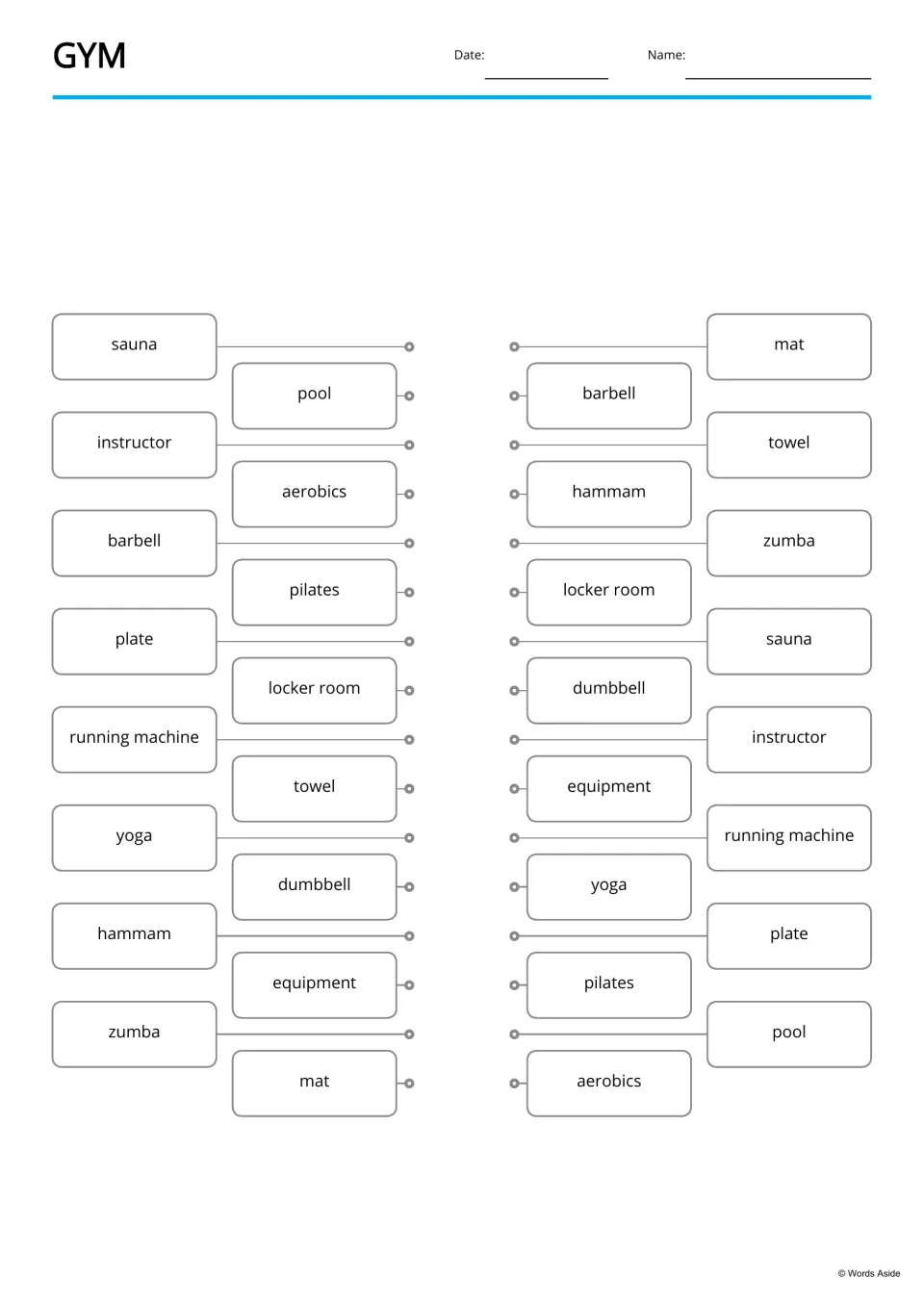 Gym word matching: students connect each gym word, such as sauna, barbell and towel, to the same word in a shuffled list