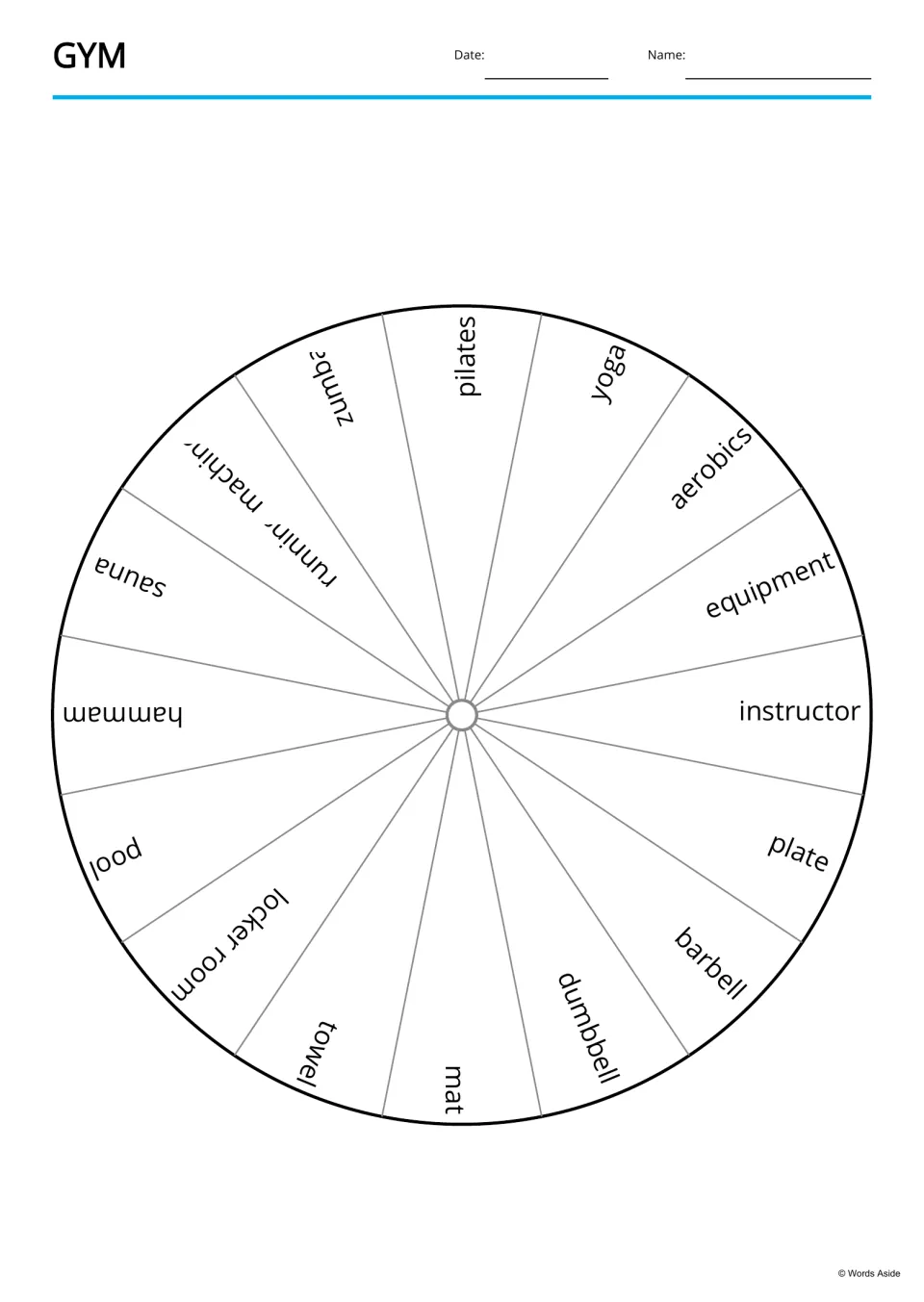 Gym word wheel showing all 16 vocabulary words, including pilates, yoga, instructor, hammam and dumbbell