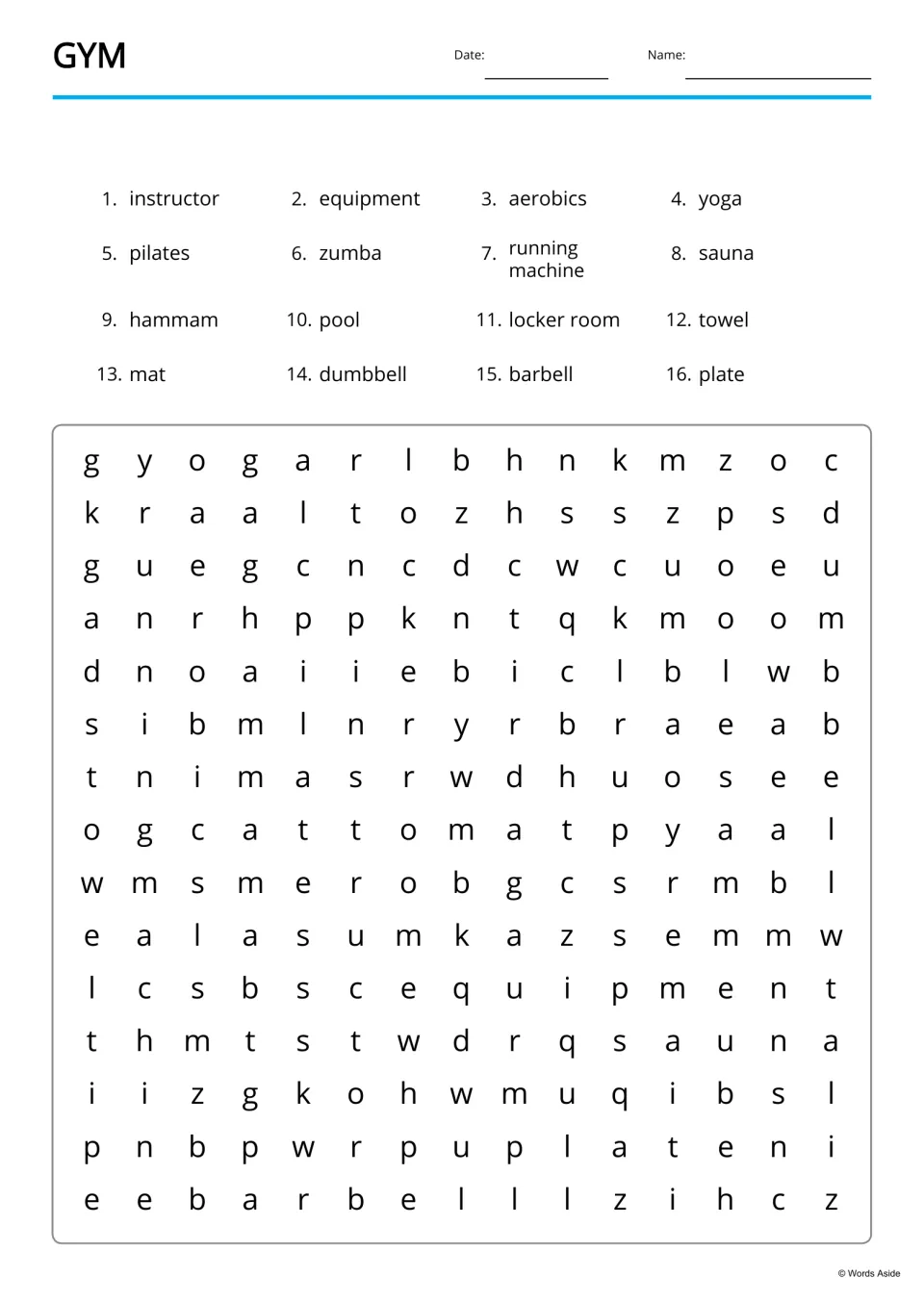 Gym word search: students find 16 listed words, including zumba, hammam, locker room and equipment, hidden in the letters