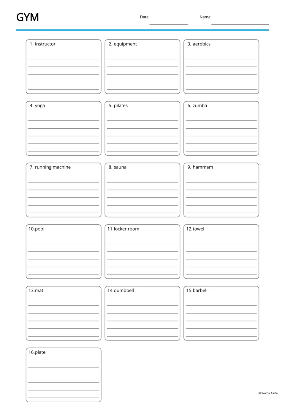 Gym vocabulary writing page: students copy or use each of the 16 words, such as aerobics, sauna, pool and dumbbell