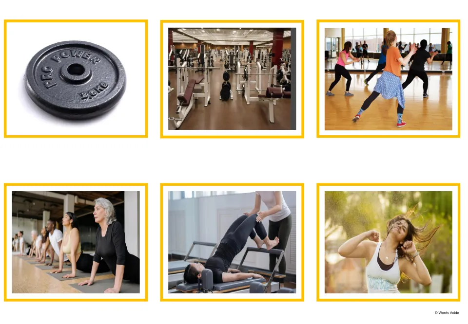 Gym photo cards showing a weight plate, gym equipment floor, aerobics class, yoga class, pilates reformer and zumba dancer